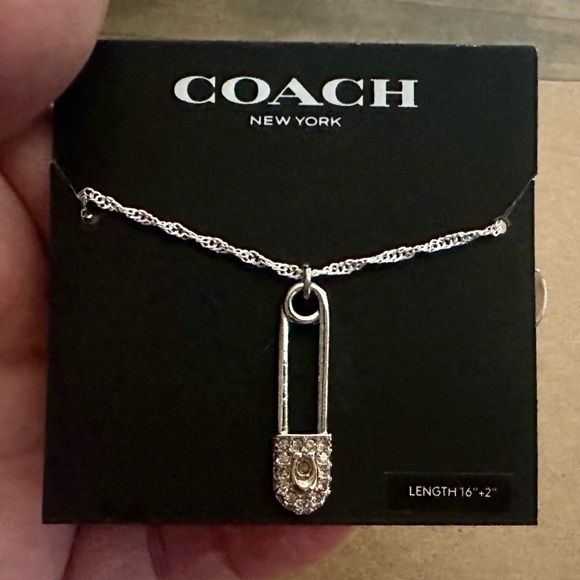 Coach Pave Crystal Signature C Safety Pin Pendant .925 Sterling Silver Necklace - Picture 1 of 8
